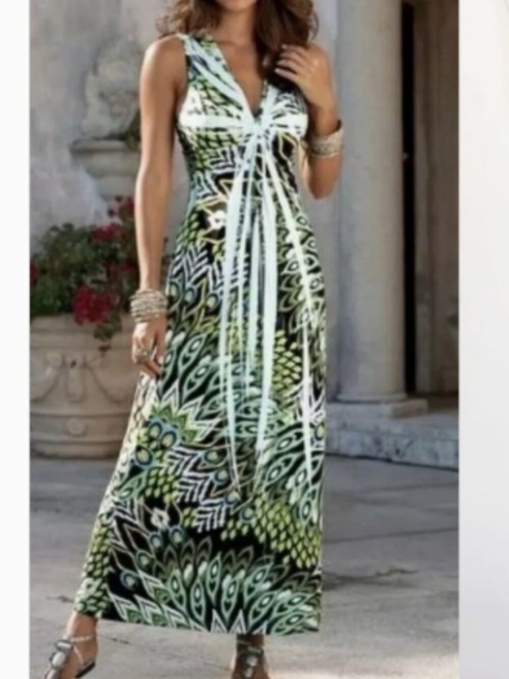 Boston Proper Green Black White Patterned Maxi Dress